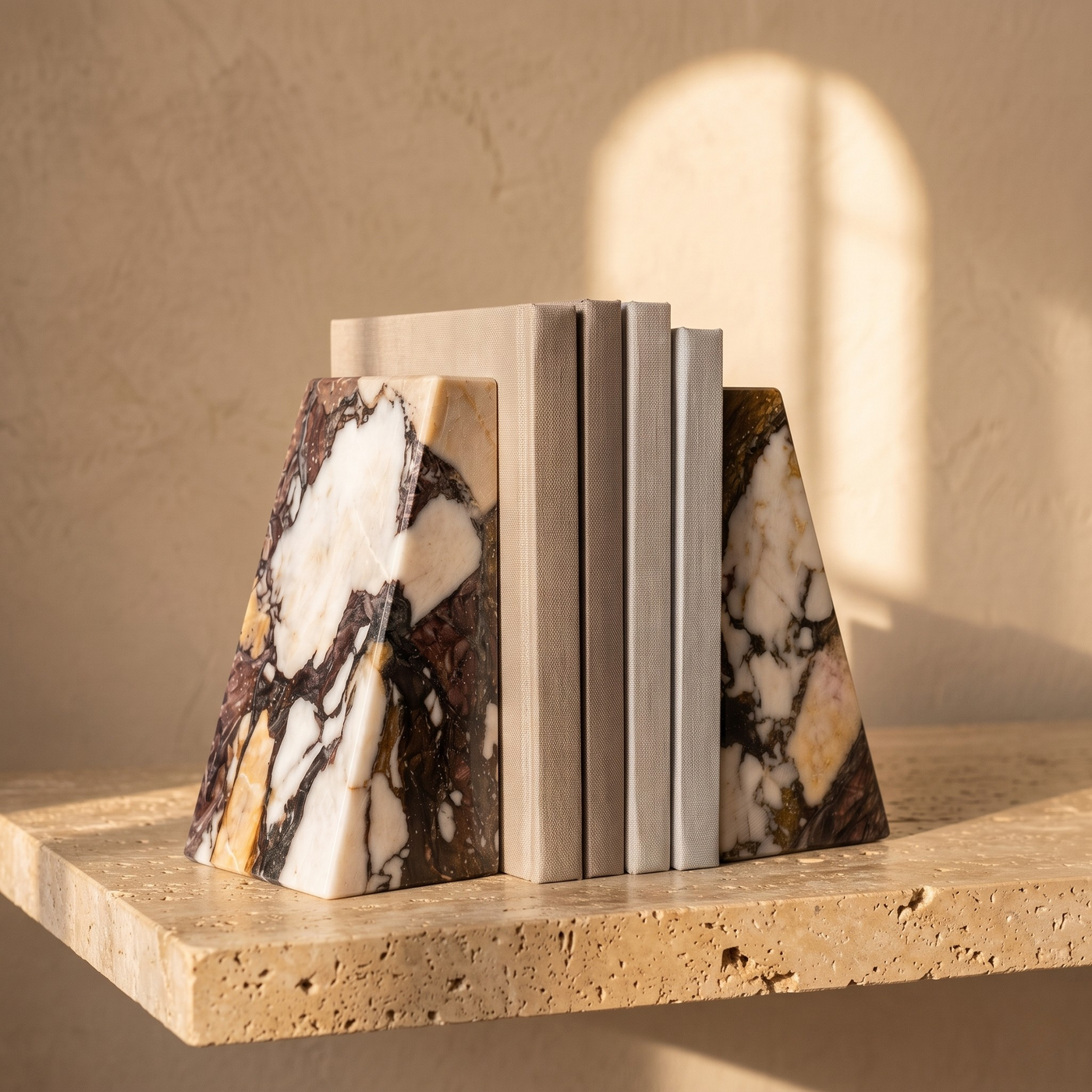 Calacatta Viola marble bookends styled with books